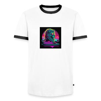Lion with neon colors, synthwave / 80s - Men's Ringer Shirt - white/black - Front - AI Model Female 172 light (172cm) & AI Model Male 178 dark (178cm)
