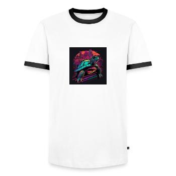 Turtle in neon colors 80s synthwave style - Men's Ringer Shirt - white/black - Front - AI Model Female 172 light (172cm) & AI Model Male 178 dark (178cm)