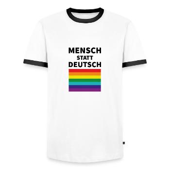 Mensch statt deutsch Spruch Pride Flagge - Männer Kontrast-T-Shirt - Weiß/Schwarz - Vorne - AI Model Female 172 light (172cm) & AI Model Male 178 dark (178cm)