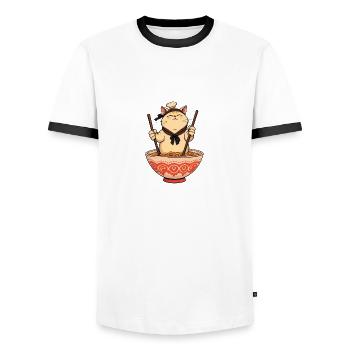 Sushi Cat – Drôle de chat de chef de nouilles ! - T-shirt contrasté Homme - blanc/noir - Devant - AI Model Female 172 light (172cm) & AI Model Male 178 dark (178cm)