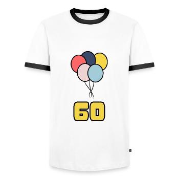 ANNIVERSARY. HAPPY BIRTHDAY. HAPPY BIRTHDAY. - Men's Ringer Shirt - white/black - Front - AI Model Female 172 light (172cm) & AI Model Male 178 dark (178cm)