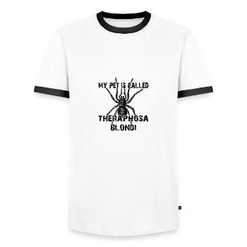 My pet's name is Theraphosa Blondi - Men's Ringer Shirt - white/black - Front - AI Model Female 172 light (172cm) & AI Model Male 178 dark (178cm)