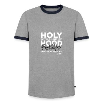Holy with a hint funny quote hood Bet - Men's Ringer Shirt - grey/navy  - Front - AI Model Female 172 light (172cm) & AI Model Male 178 light (178cm)