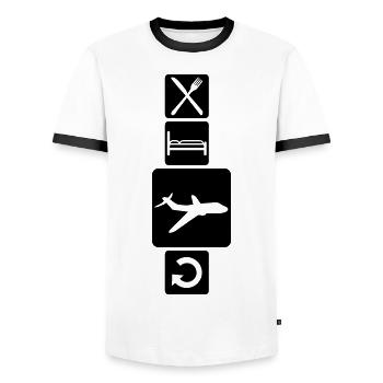 world trip buttons eat sleep repeat eat sleep repe - Men's Ringer Shirt - white/black - Front - AI Model Female 172 light (172cm) & AI Model Male 178 dark (178cm)