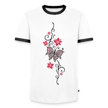 Floral tendril butterfly summer flowers flowers - Men's Ringer Shirt - white/black - Front - AI Model Female 172 light (172cm) & AI Model Male 178 dark (178cm)