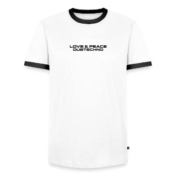 Love Peace and Dubtechno - Men's Ringer Shirt - white/black - Front - AI Model Female 172 light (172cm) & AI Model Male 178 dark (178cm)