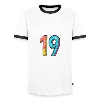 19 Zahl Comic - Männer Kontrast-T-Shirt - Weiß/Schwarz - Vorne - AI Model Female 172 light (172cm) & AI Model Male 178 dark (178cm)