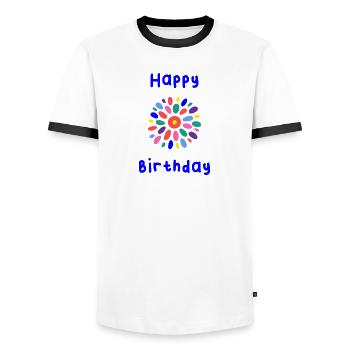 HAPPY BIRTHDAY. HAPPY BIRTHDAY. BIRTHDAY. - Men's Ringer Shirt - white/black - Front - AI Model Female 172 light (172cm) & AI Model Male 178 dark (178cm)