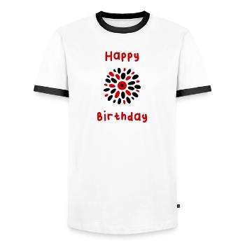 HAPPY BIRTHDAY. HAPPY BIRTHDAY. BIRTHDAY. - Men's Ringer Shirt - white/black - Front - AI Model Female 172 light (172cm) & AI Model Male 178 dark (178cm)