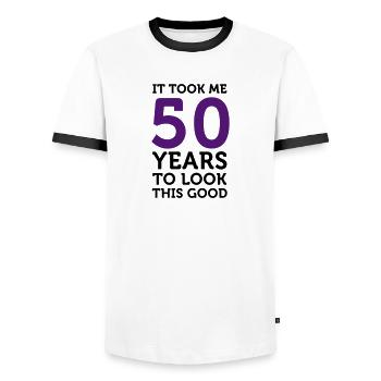 It took 50 years to look so good! - Men's Ringer Shirt - white/black - Front - AI Model Female 172 light (172cm) & AI Model Male 178 dark (178cm)