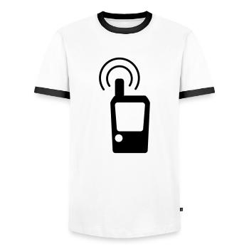 Geocaching GPS Tracker - Men's Ringer Shirt - white/black - Front - AI Model Female 172 light (172cm) & AI Model Male 178 dark (178cm)