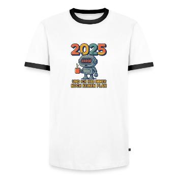 2025 Und ich hab immer noch keinen Plan - Männer Kontrast-T-Shirt - Weiß/Schwarz - Vorne - AI Model Female 172 light (172cm) & AI Model Male 178 dark (178cm)