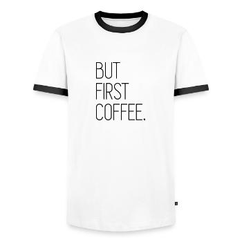 But First Coffee - Männer Kontrast-T-Shirt - Weiß/Schwarz - Vorne - AI Model Female 172 light (172cm) & AI Model Male 178 dark (178cm)