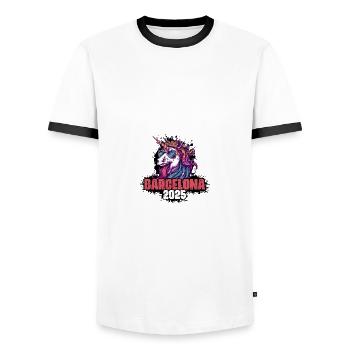 Licorne de Barcelone 2025 - T-shirt contrasté Homme - blanc/noir - Devant - AI Model Female 172 light (172cm) & AI Model Male 178 dark (178cm)