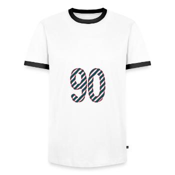 90. 90 YEARS. 90TH ANNIVERSARY. 90TH ANNIVERSARY. - Men's Ringer Shirt - white/black - Front - AI Model Female 172 light (172cm) & AI Model Male 178 dark (178cm)