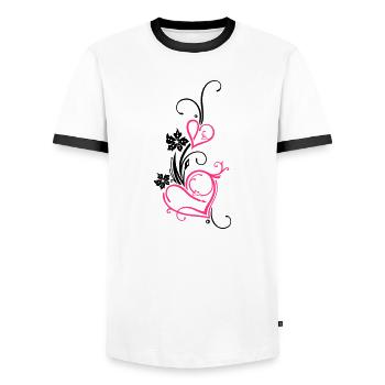 Two hearts with blossoms - Men's Ringer Shirt - white/black - Front - AI Model Female 172 light (172cm) & AI Model Male 178 dark (178cm)