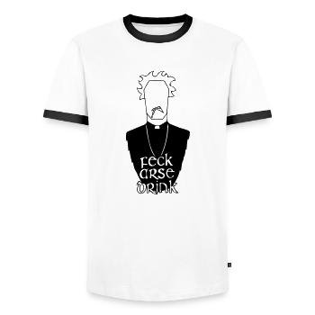 Fr. Jack Hackett - Men's Ringer Shirt - white/black - Front - AI Model Female 172 light (172cm) & AI Model Male 178 dark (178cm)
