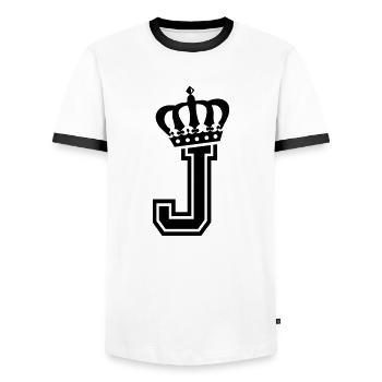 Buchstabe J - Männer Kontrast-T-Shirt - Weiß/Schwarz - Vorne - AI Model Female 172 light (172cm) & AI Model Male 178 dark (178cm)