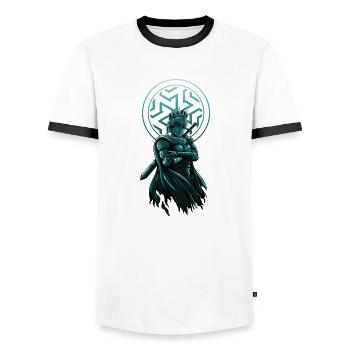 Tabletop-Krieger: Krähenliebhaber mit Schwert - Einzigartig - Männer Kontrast-T-Shirt - Weiß/Schwarz - Vorne - AI Model Female 172 light (172cm) & AI Model Male 178 dark (178cm)