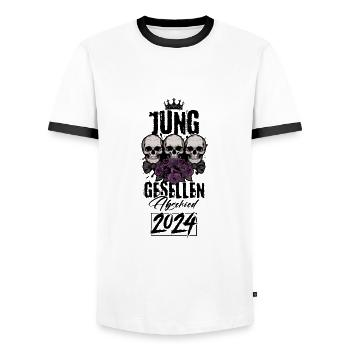 Enterrement de vie de garçon 2024 - T-shirt contrasté Homme - blanc/noir - Devant - AI Model Female 172 light (172cm) & AI Model Male 178 dark (178cm)