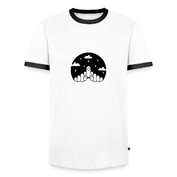 Lancement dans l’univers : fusée moderne la nuit - T-shirt contrasté Homme - blanc/noir - Devant - AI Model Female 172 light (172cm) & AI Model Male 178 dark (178cm)