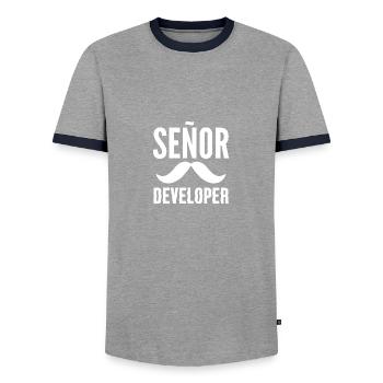 Senor Developer Programmer Gift - Men's Ringer Shirt - grey/navy  - Front - AI Model Female 172 light (172cm) & AI Model Male 178 light (178cm)