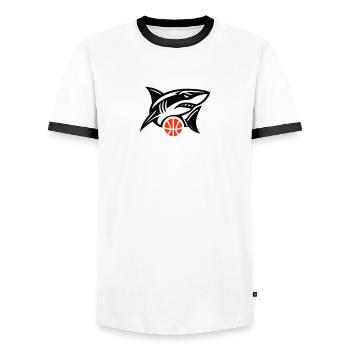 Die Basketballmannschaft der Haie - Männer Kontrast-T-Shirt - Weiß/Schwarz - Vorne - AI Model Female 172 light (172cm) & AI Model Male 178 dark (178cm)