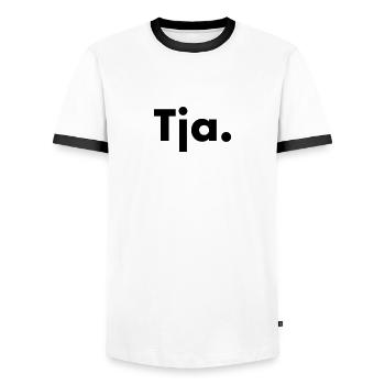 well. Simple word - many meanings - Men's Ringer Shirt - white/black - Front - AI Model Female 172 light (172cm) & AI Model Male 178 dark (178cm)