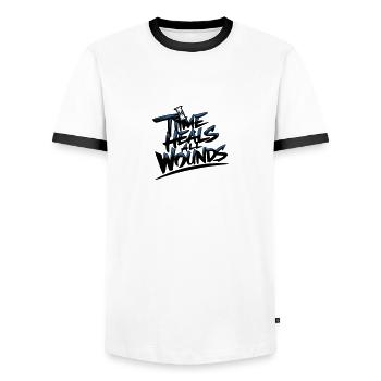 Time heals everything - Men's Ringer Shirt - white/black - Front - AI Model Female 172 light (172cm) & AI Model Male 178 dark (178cm)