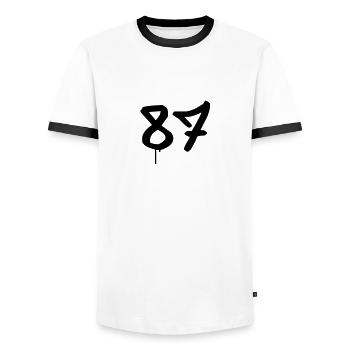 Graffiti : 87 - Men's Ringer Shirt - white/black - Front - AI Model Female 172 light (172cm) & AI Model Male 178 dark (178cm)