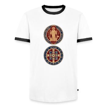 Medallie des Heiligen Benededikt von Nursia - Männer Kontrast-T-Shirt - Weiß/Schwarz - Vorne - AI Model Female 172 light (172cm) & AI Model Male 178 dark (178cm)