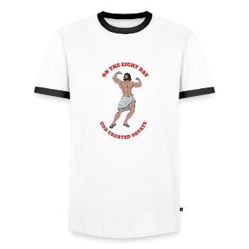 Le huitième jour, Dieu a créé les squats - T-shirt contrasté Homme - blanc/noir - Devant - AI Model Female 172 light (172cm) & AI Model Male 178 dark (178cm)
