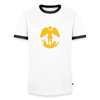 drawing Saint Michael slaying the demon - Men's Ringer Shirt - white/black - Front - AI Model Female 172 light (172cm) & AI Model Male 178 dark (178cm)
