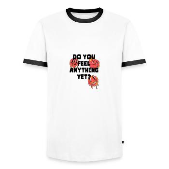 Do you feel anything yet - Merkst du schon was - Männer Kontrast-T-Shirt - Weiß/Schwarz - Vorne - AI Model Female 172 light (172cm) & AI Model Male 178 dark (178cm)