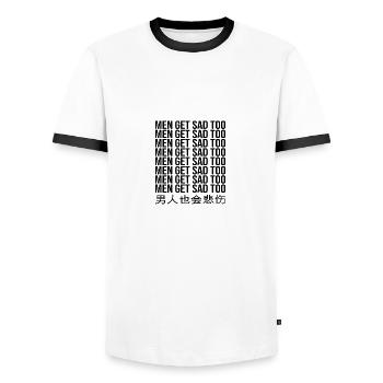 Men get sad too - Männer Kontrast-T-Shirt - Weiß/Schwarz - Vorne - AI Model Female 172 light (172cm) & AI Model Male 178 dark (178cm)