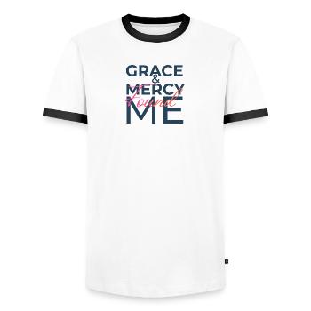 Grace & Mercy Found Me - Men's Ringer Shirt - white/black - Front - AI Model Female 172 light (172cm) & AI Model Male 178 dark (178cm)