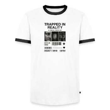 Trapped in Reality Berlin 2025 - Men's Ringer Shirt - white/black - Front - AI Model Female 172 light (172cm) & AI Model Male 178 dark (178cm)