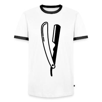 Shave Barber logo icon - Men's Ringer Shirt - white/black - Front - AI Model Female 172 light (172cm) & AI Model Male 178 dark (178cm)