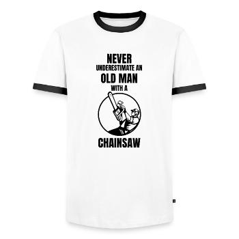 Never Underestimate An Old Man With A Chainsaw - Men's Ringer Shirt - white/black - Front - AI Model Female 172 light (172cm) & AI Model Male 178 dark (178cm)