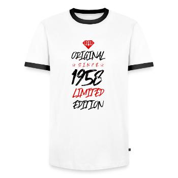1958 Limited Edition - Men's Ringer Shirt - white/black - Front - AI Model Female 172 light (172cm) & AI Model Male 178 dark (178cm)