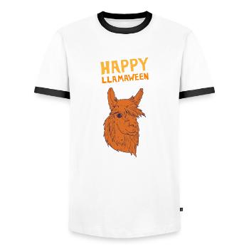 Happy Llamaween Llama Alpaca Halloween Costume - Men's Ringer Shirt - white/black - Front - AI Model Female 172 light (172cm) & AI Model Male 178 dark (178cm)