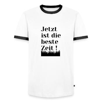 Jetzt , nicht morgen - Männer Kontrast-T-Shirt - Weiß/Schwarz - Vorne - AI Model Female 172 light (172cm) & AI Model Male 178 dark (178cm)