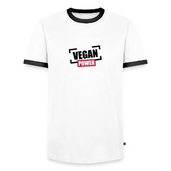 Logo de Stempel alimentation végétalienne - T-shirt contrasté Homme - blanc/noir - Devant - AI Model Female 172 light (172cm) & AI Model Male 178 dark (178cm)