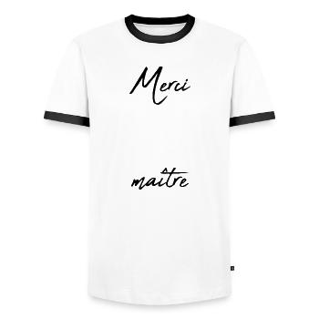 MAÎTRE. MAITRE. MERCI. MERCI MAÎTRE. MAITRE - T-shirt contrasté Homme - blanc/noir - Devant - AI Model Female 172 light (172cm) & AI Model Male 178 dark (178cm)