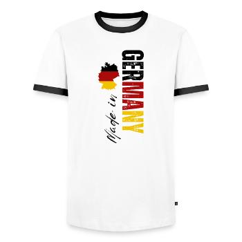 Fabriqué en Allemagne, conception verticale - T-shirt contrasté Homme - blanc/noir - Devant - AI Model Female 172 light (172cm) & AI Model Male 178 dark (178cm)