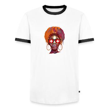 Switzerland most beautiful Country - Men's Ringer Shirt - white/black - Front - AI Model Female 172 light (172cm) & AI Model Male 178 dark (178cm)