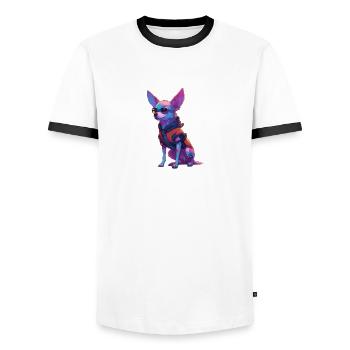 PulsePup // Chien Cyberpunk - T-shirt contrasté Homme - blanc/noir - Devant - AI Model Female 172 light (172cm) & AI Model Male 178 dark (178cm)