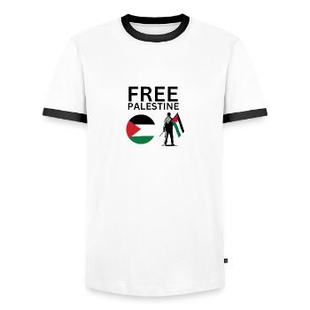 Free Palestine | Guy with palestine flag - Men's Ringer Shirt - white/black - Front - AI Model Female 172 light (172cm) & AI Model Male 178 dark (178cm)