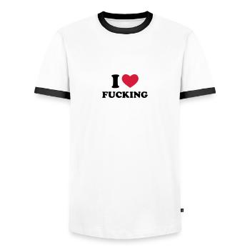 I Love Fucking - Men's Ringer Shirt - white/black - Front - AI Model Female 172 light (172cm) & AI Model Male 178 dark (178cm)