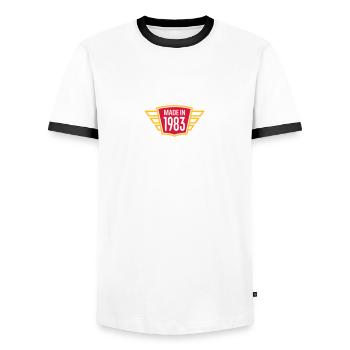 Made In 1983 - Men's Ringer Shirt - white/black - Front - AI Model Female 172 light (172cm) & AI Model Male 178 dark (178cm)